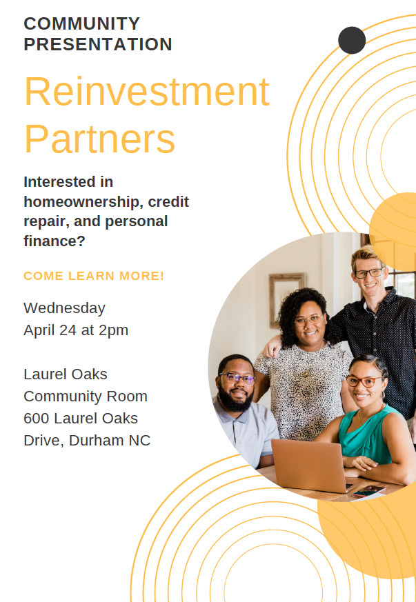 Community Presentation Reinvestment Partners flyer, all information as listed below.
