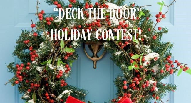 The words Deck the Door Holiday Contest with a Christmas wreath in the background.