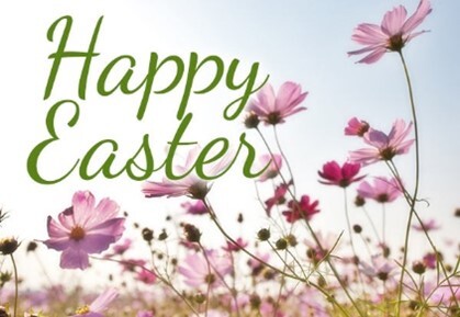 A field of pink flowers with the words Happy Easter.