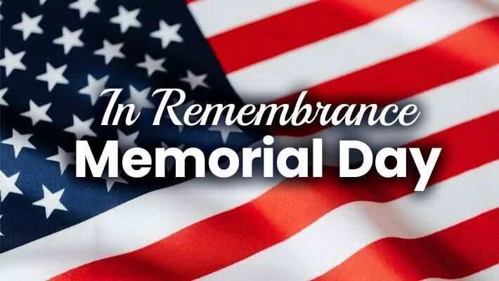 An American Flag with the words In Remembrance, Memorial Day written over it.