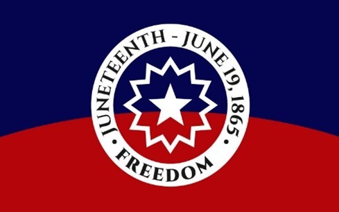 Freedom, Juneteenth - June 19, 1865 written in a circle with a blue and red split background.