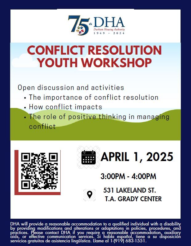 Conflict Resolution Youth Workshop flyer, all information as listed below.