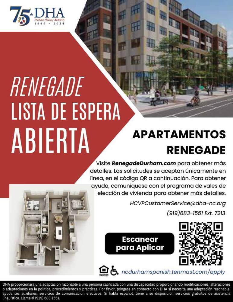 Renegade Apartments Flyer in Spanish, all information as listed below.