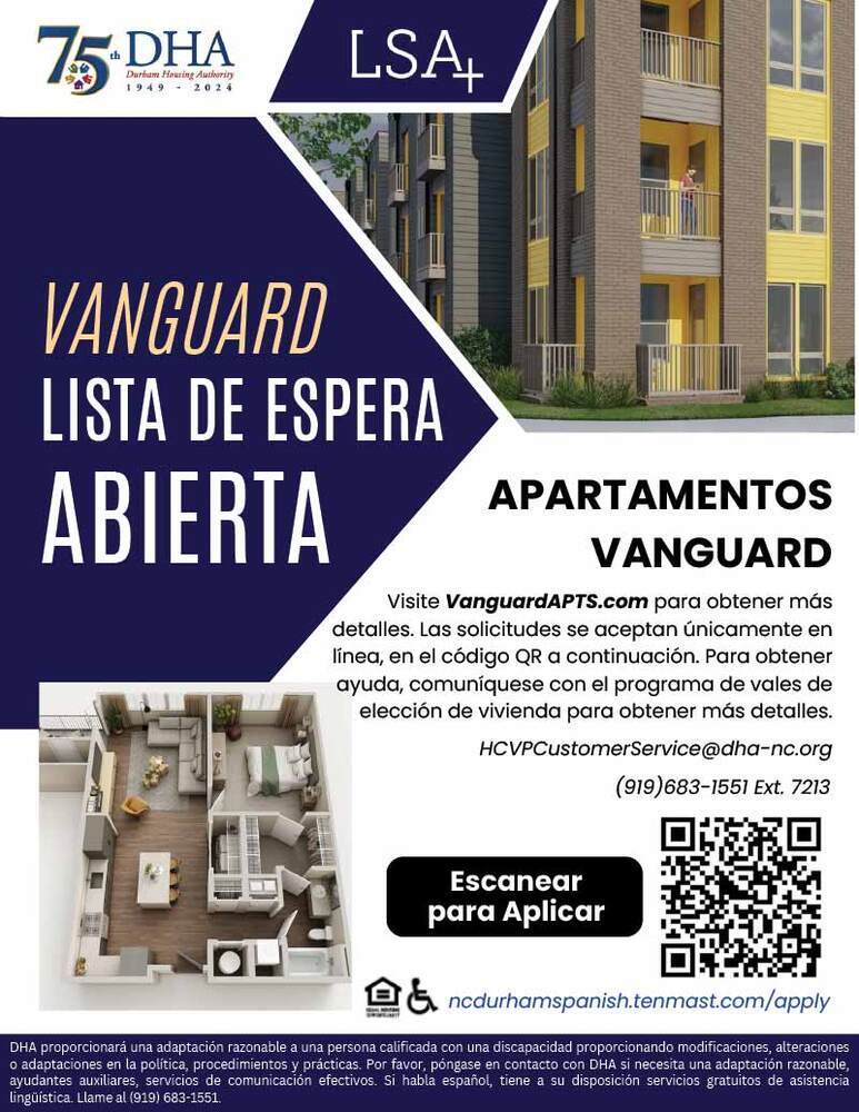 Vanguard Apartments Flyer in Spanish, all information as listed below.