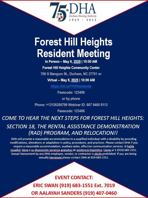Forest Hill Height Resident Meeting, all information as listed below.
