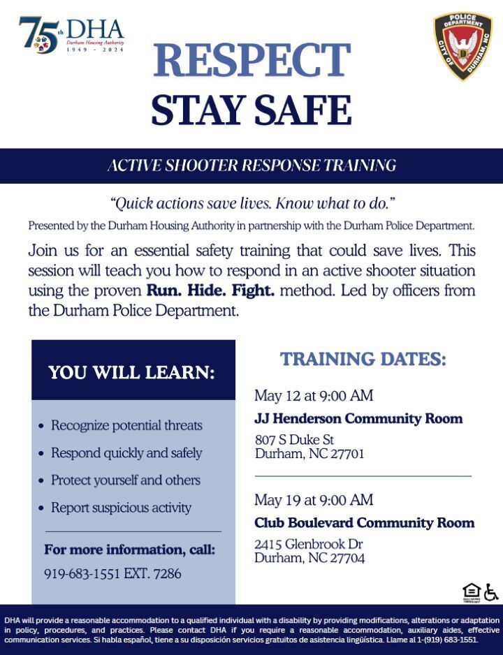 Active Shooter Training Flyer, all information as listed below.