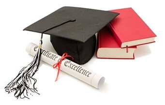A graduation cap, two books, and a rolled up diploma that says Certificate of Excellence.