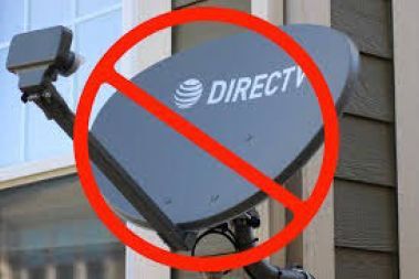 A red circle with a line going through it overtop a Direct TV satellite dish.