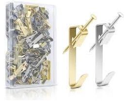 A gold and a silver picture hanging hook displayed next to a box of picture hanging hooks.