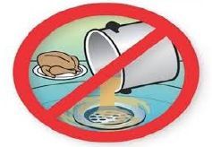 A drawing of a pot with grease being poured down an drain with a red circle with a line going through it over the top of the image.