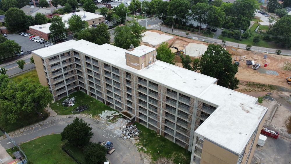 An overhead view of the 519 E. Main building in the process of being demolished.