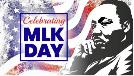 Celebrating MLK Day. Martin Luther King Jr on an American Flag background.
