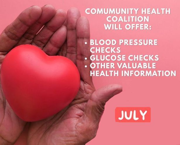 July Community Health Coalition flyer, all information as listed below.