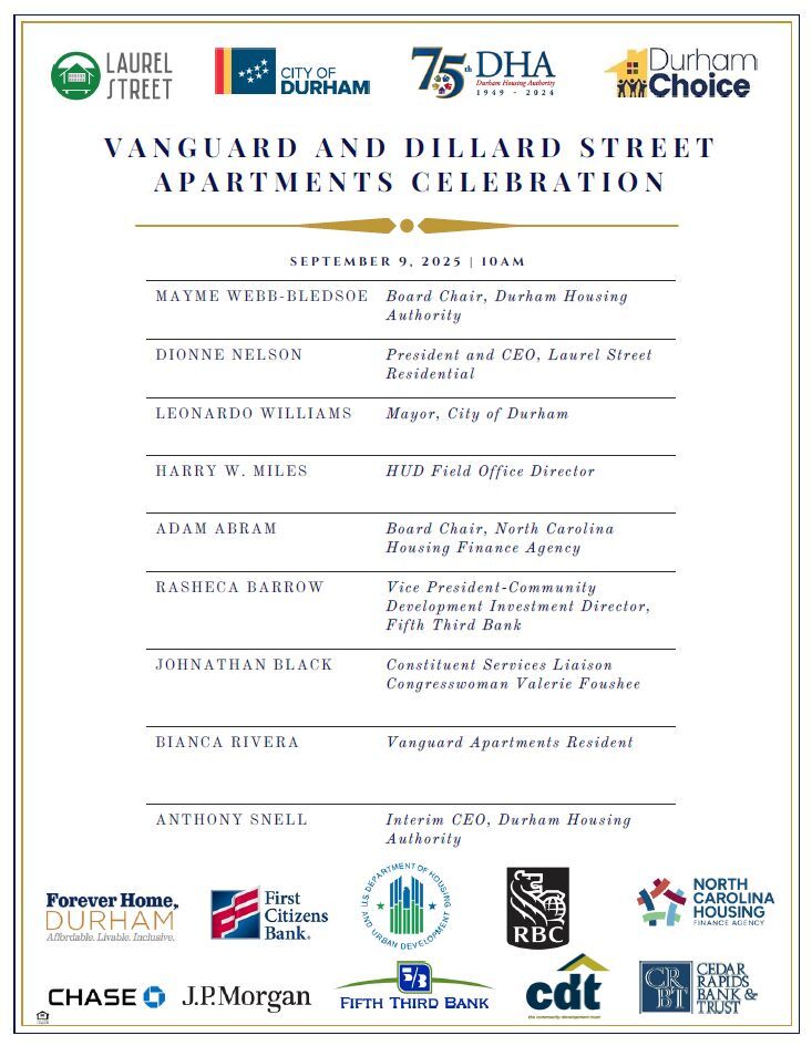 Vanguard and Dillard Street Apartments Celebration Invitation, all information as listed below.