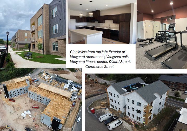 Vanguard and Dillard Street Apartments photo collage. Clockwise from top left: Exterior of Vanguards Apartments, Vanguard Unit, Vanguard Fitness Center, Dillard Street, Commerce Street.