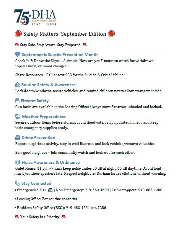 September Safety Tips flyer, all information as listed below.