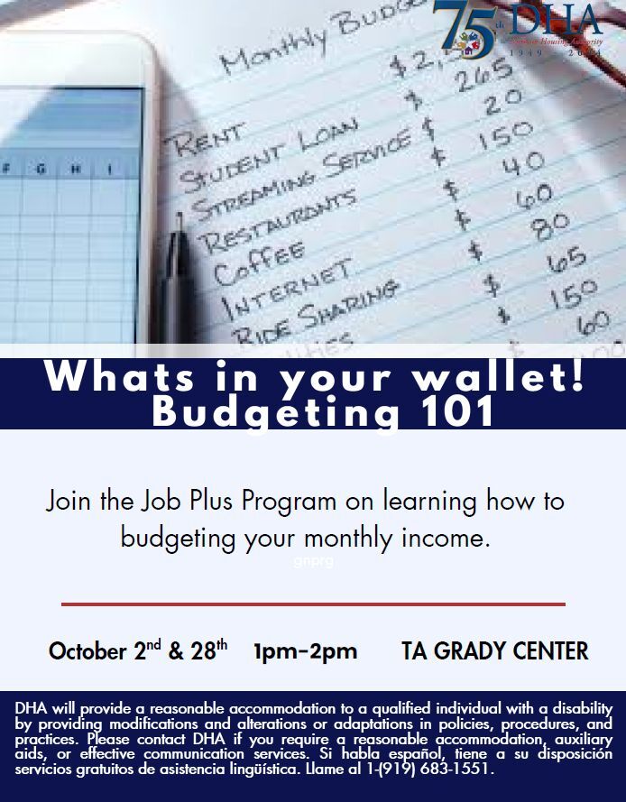 Budgeting 101 Flyer, all information as listed below.