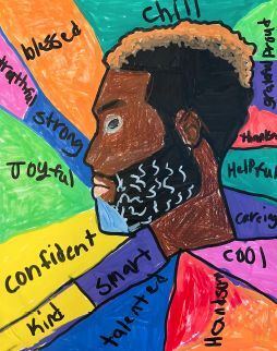 A poster of a black man with a muti-colored background with each section of color having a different word. The words include blessed, chill, proud, grateful, thankful, helpful, caring, cool, handsome, talented, kind, smart, confident, joyful, strong, and truthful.  
