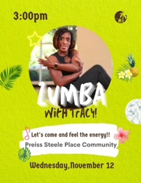 Zumba with Tracy - Preiss Steele Place, all information as listed below.