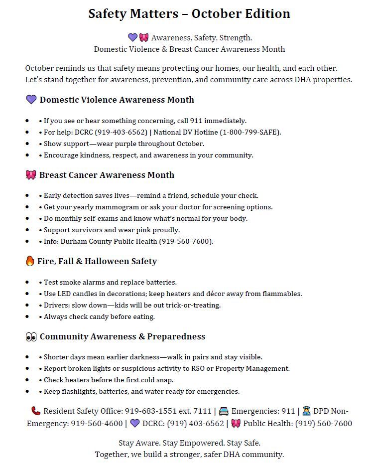 October Safety Tips, all information as listed below.