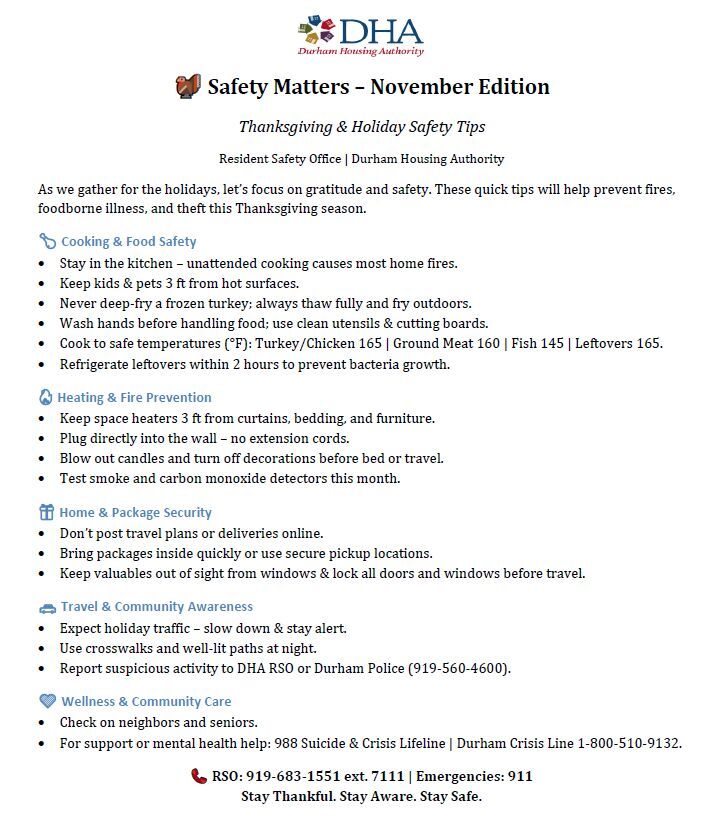 November Safety Tips, all information as listed below.