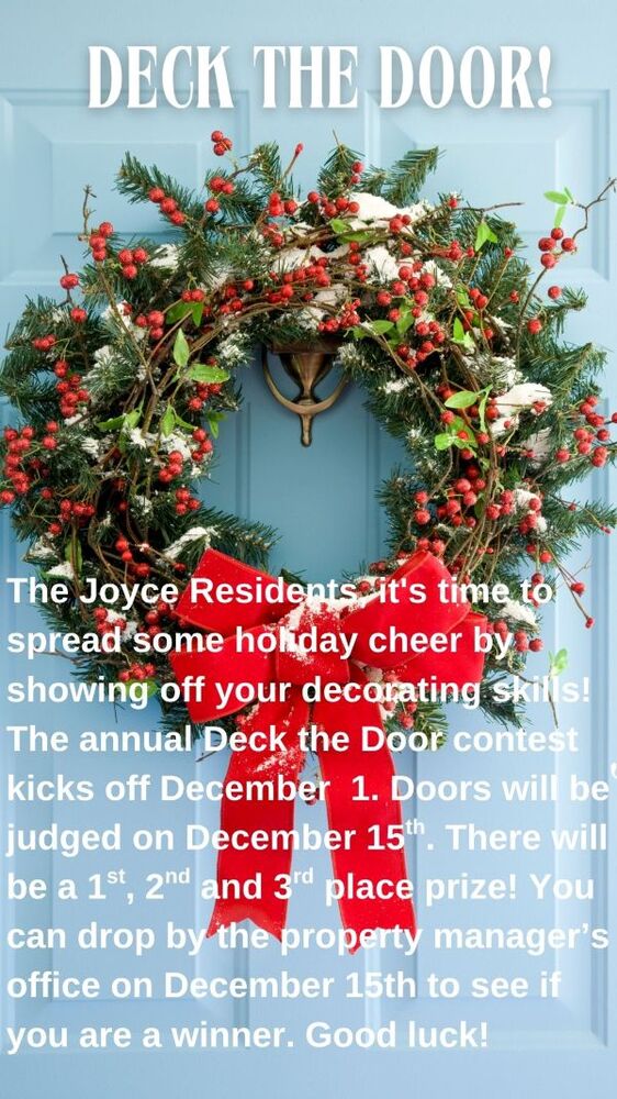 The Joyce Deck the Door Contest Flyer, all information as listed below.