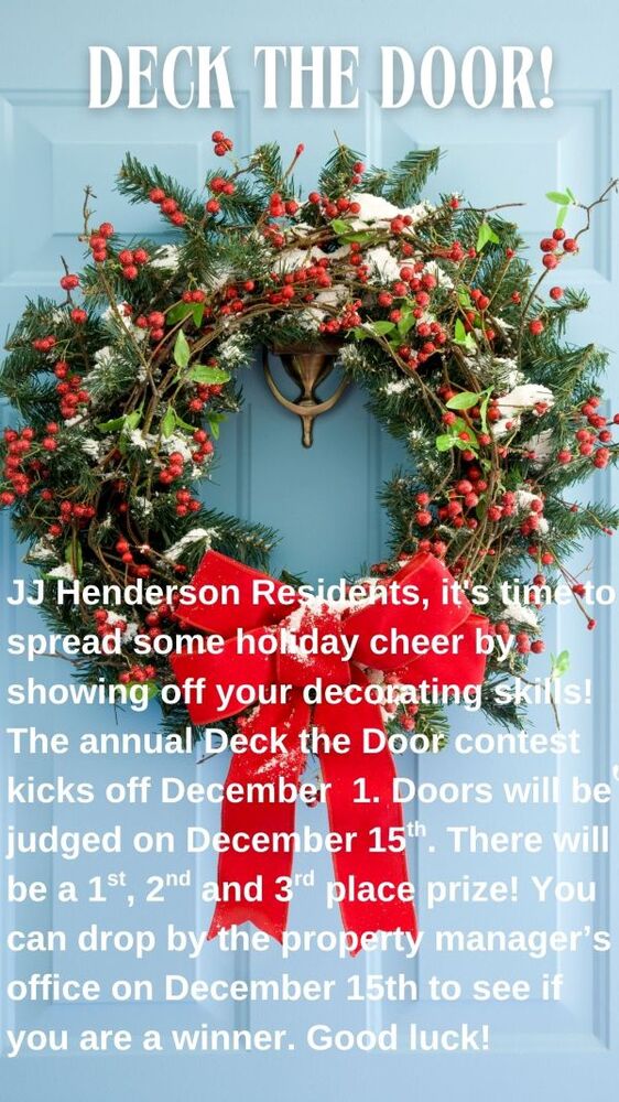 JJ Henderson Deck the Door Contest Flyer, all information as listed below.