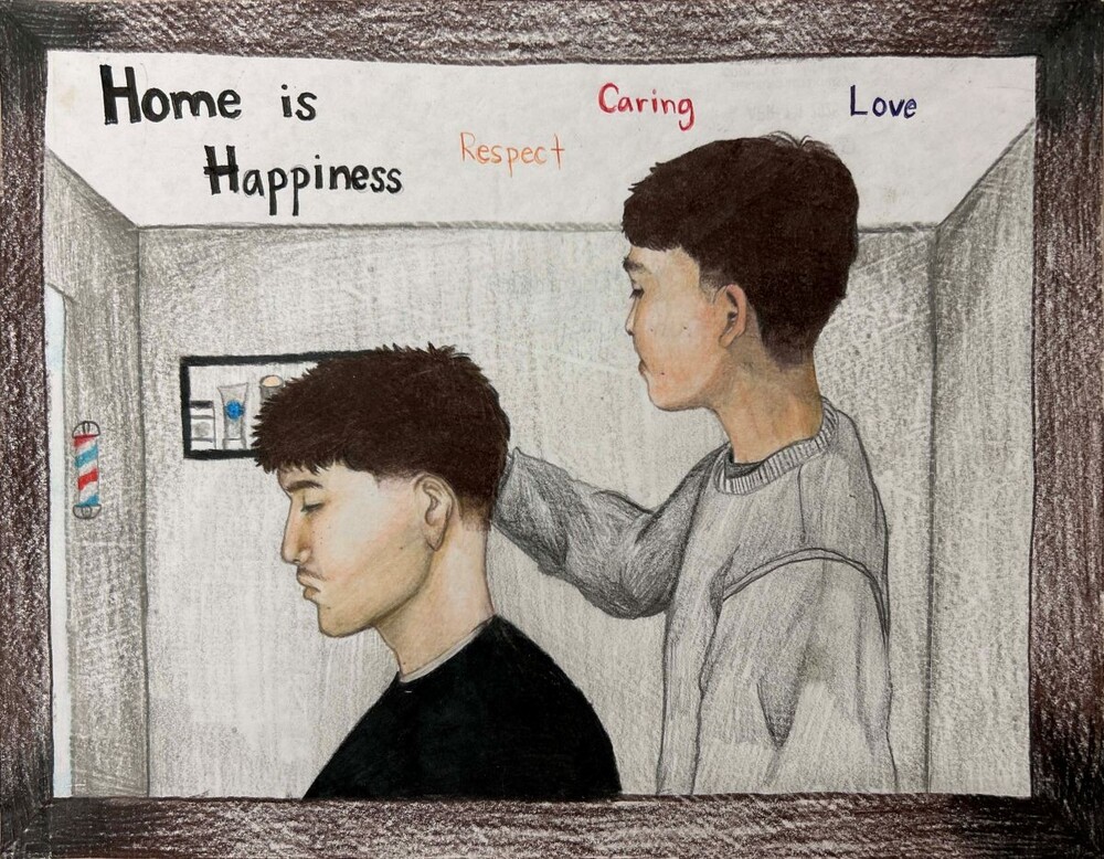 2026 What Home Means To Me Poster Contest Winner. A barber cutting another mans hair in a barbershop. Home is happiness. Respect. Caring. Love.
