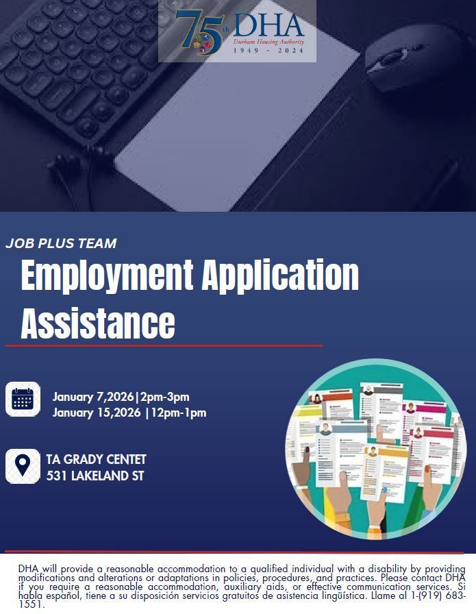 Employment Application Assistance Flyer. All information is as listed below.