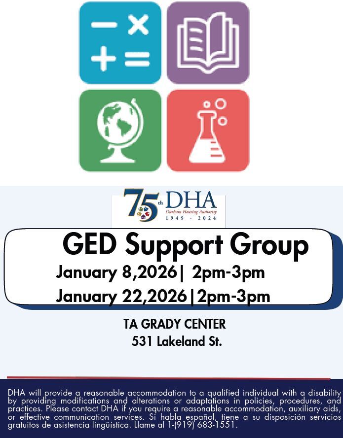 GED Support Group Flyer. All information as listed below.