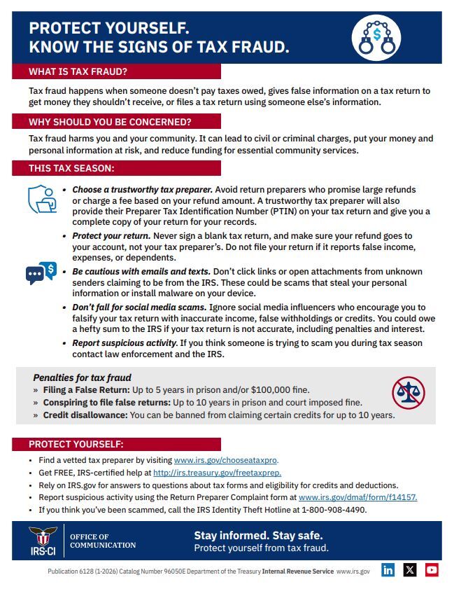 Protect Yourself - Know the Signs of Tax Fraud. All information as listed below.