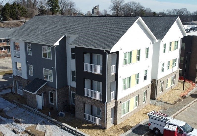 An aerial view of the Stride Apartment building.