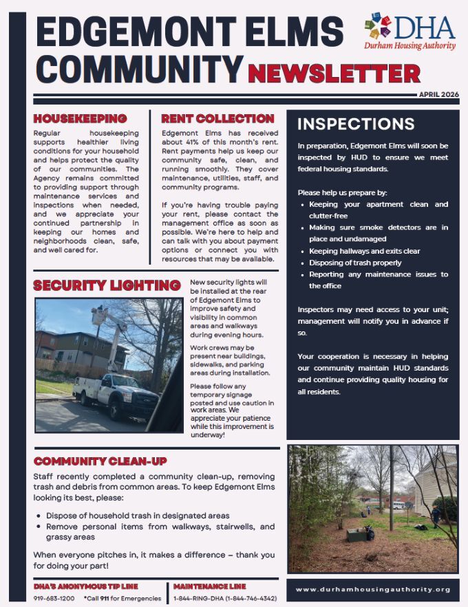 April 2026 Edgemont Elms Newsletter. All information as listed below.