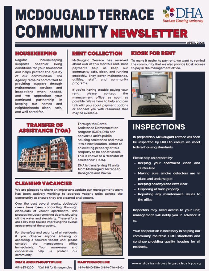 April 2026 McDougald Terrace Newsletter. All information as listed below.