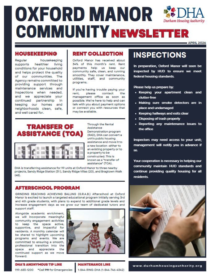 April 2026 Oxford Manor Community Newsletter. All information as listed below.