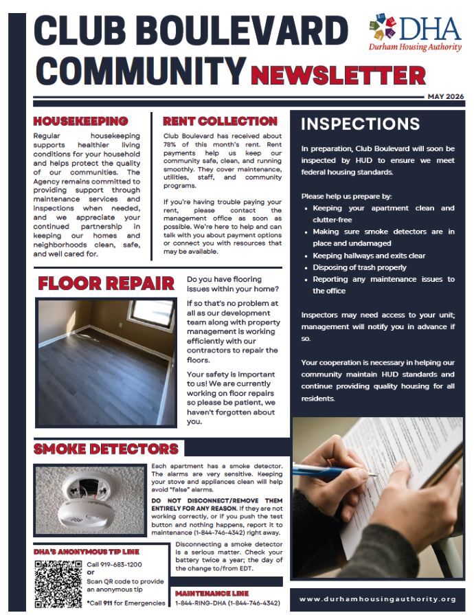 May 2026 Club Boulevard Community Newsletter. All information as listed below.