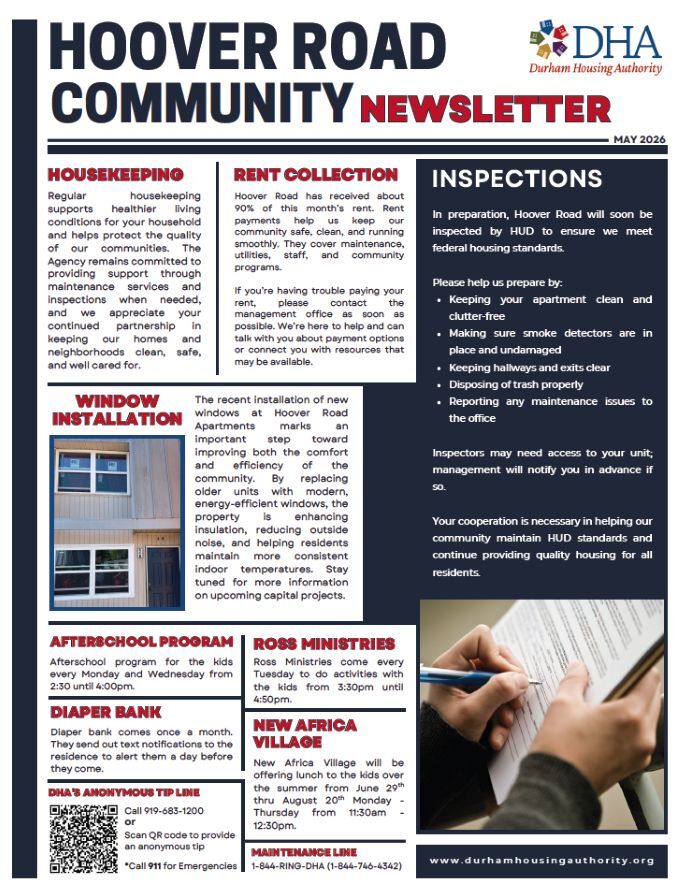 May 2026 Hoover Road Community Newsletter. All information as listed below.