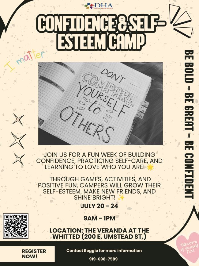 DHA Confidence & Self-Esteem Summer Camp Flyer. All information as listed below.