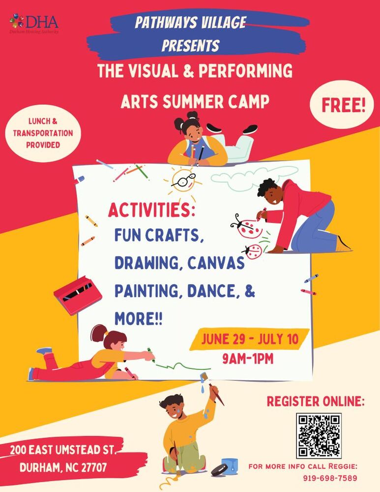 DHA Summer Art Camp Flyer. All information as listed below.