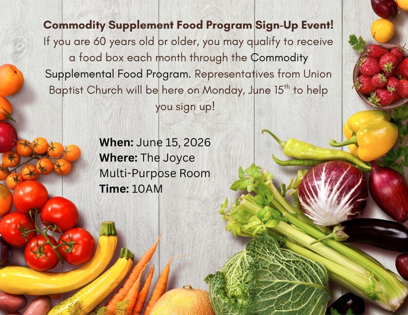 Commodity food sign up event flyer. All information as listed below.