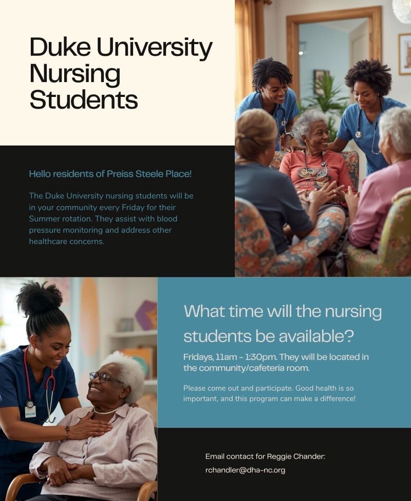 Duke University Nursing Students Flyer. All information as listed below.