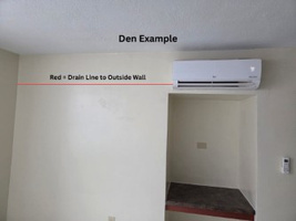 Den example of an HVAC system. It shows the path of drainage to the outside with a red line.