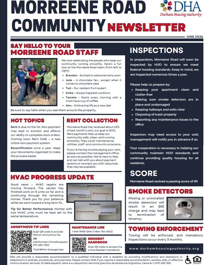 Morreene Road June 2026 Community Newsletter. All information as listed below.
