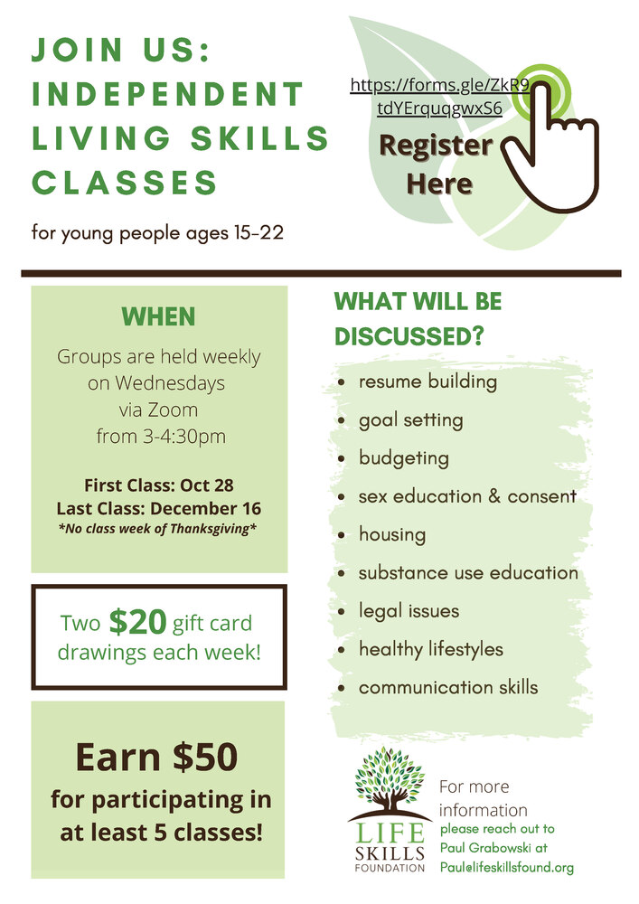 LSF Independent Living Skills Class flyer with all information as listed below. 