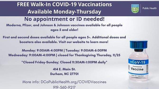 COVID vaccine flyer with DCo health logo and vaccine bottle all info also below