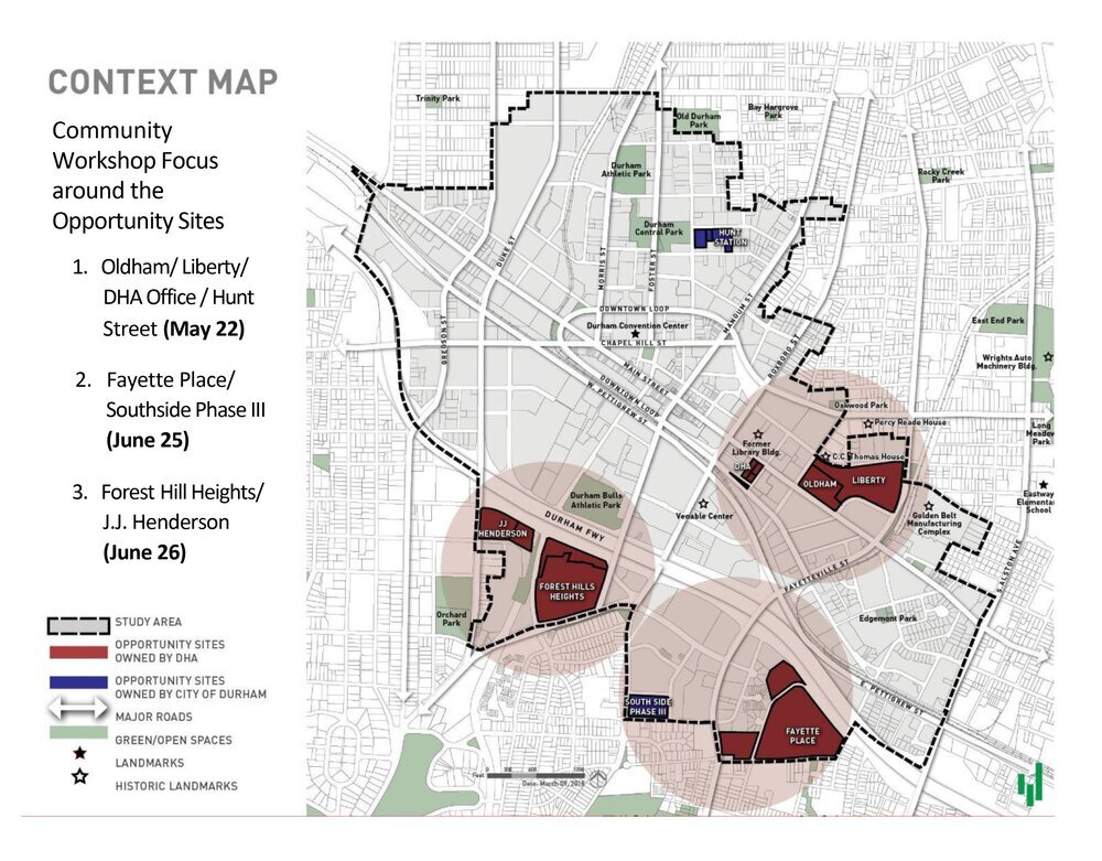 Context map for Durham's downtown area - Community Workshop Focus around the Opportunity Sites: highlighted areas for 1. Oldham/Liberty/DHA Office/Hunt Street (May 22), 2. Fayette Place/Southside Phase III (June 25), and 3. Forest Hill Heights/J.J. Henderson (June 26)