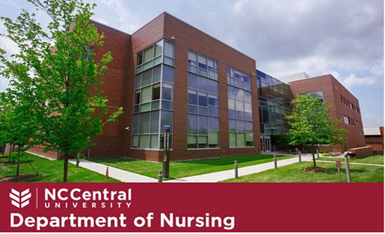 The NCCentral University Department of Nursing sits outside against a cloudy sky.