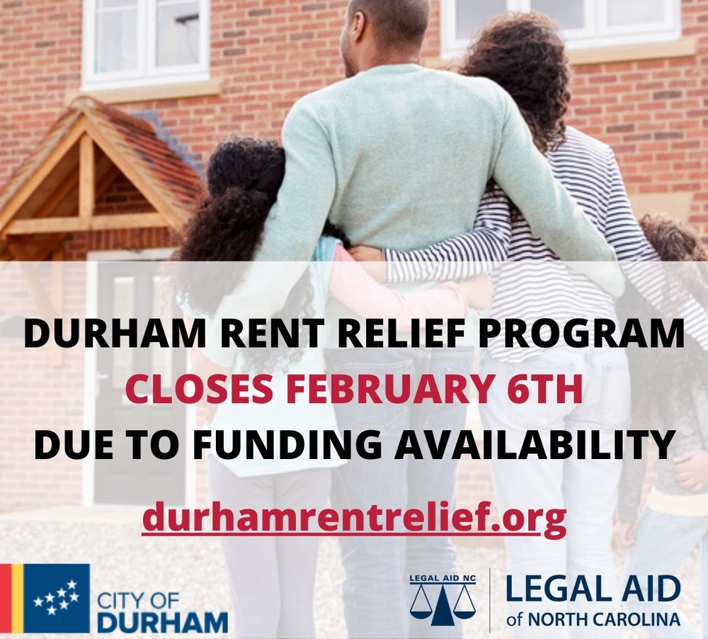Flyer for Durham Rent Relief Program Closing February 6th - all copy included above image