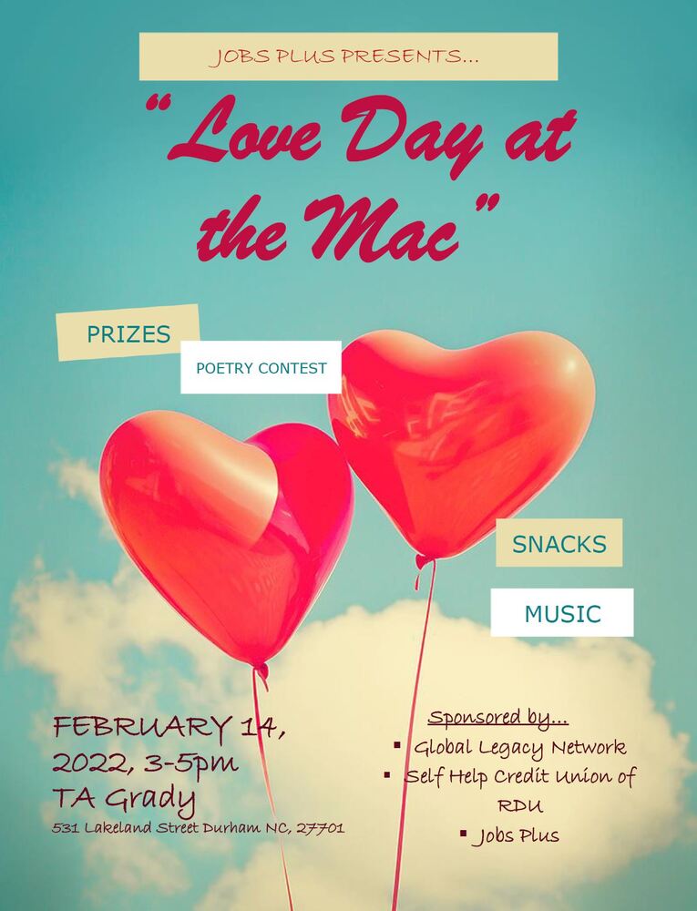 Flyer with heart balloon for the Jobs Plus Love Day at the Mac - all copy from flyer also below