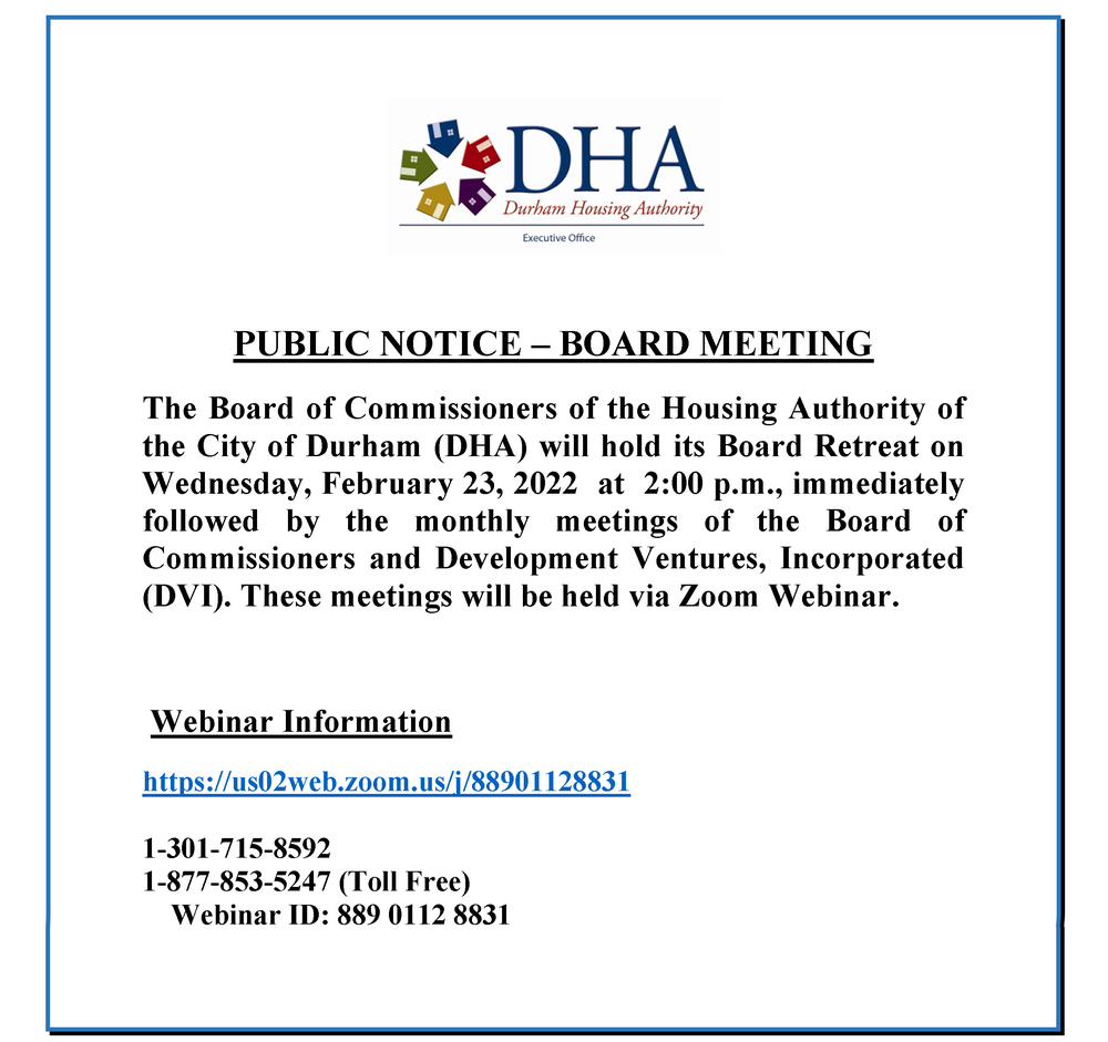 Notice of DHA Retreat and Board Meeting. All information as listed below. 